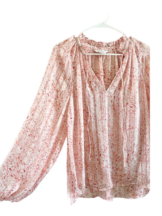 H&M Tops - H&m pink chiffon flowy blouse S top puffed sleeve tie neck feminine romantic